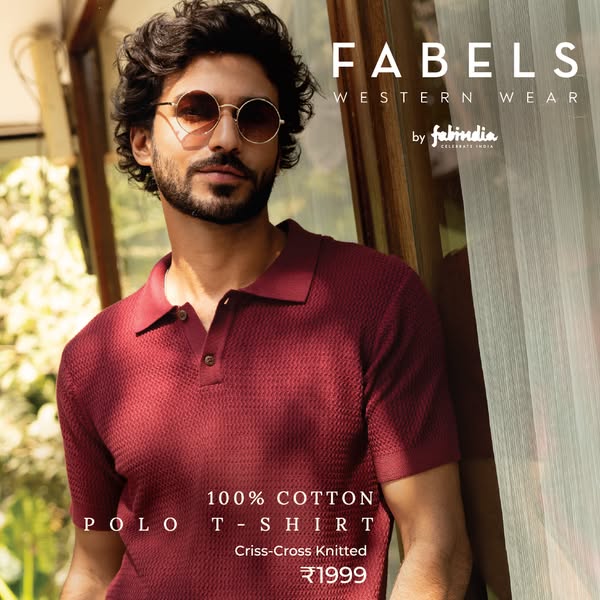This ad showcases Fabels' Western Wear polo T-shirt, highlighting its 100% cotton and criss-cross knitted design, av