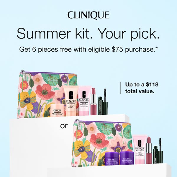 This ad promotes Clinique's 'Summer kit' offering, highlighting that customers can get six free pieces with 