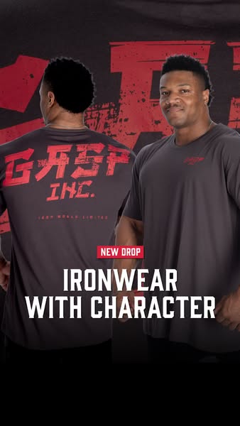 This image ad for GASP features a muscular man wearing a t-shirt with the brand's logo. The ad emphasizes the brand&