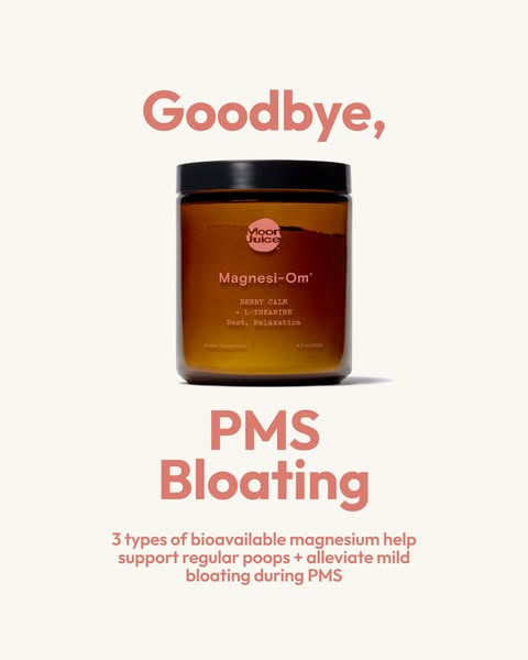This ad promotes Moon Juice's Magnesi-Om product for alleviating PMS bloating. It features a single product shot of 