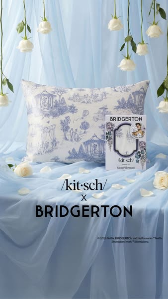 This ad features the Kitsch x Bridgerton satin pillowcase. The product is displayed in a highly stylized product shot wi