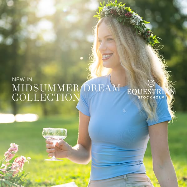 This ad features a woman wearing a blue shirt from Equestrian Stockholm's Midsummer Dream collection. She is holding