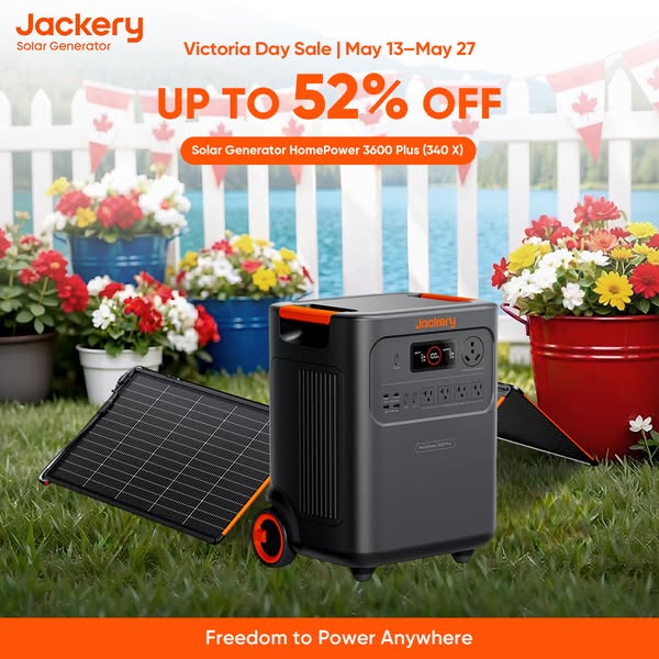 This image ad for Jackery promotes a Victoria Day sale with up to 52% off the Solar Generator HomePower 3600 Plus (340 X