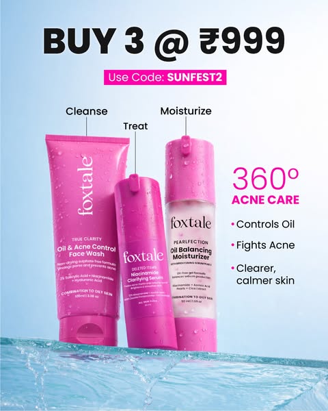 This image ad promotes the Foxtale brand by featuring three skincare products that are used in a routine. The ad promote
