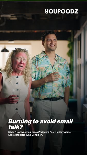 This ad humorously presents the relatable pain point of enduring small talk after a vacation. It uses a comedic visual o