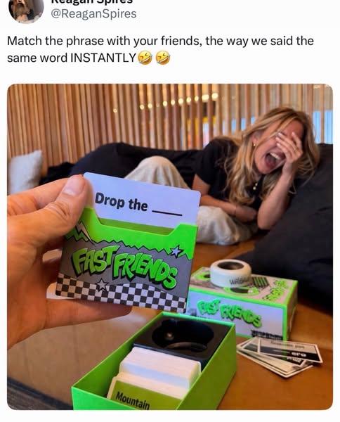 An image that looks like a tweet is promoting the card game "Fast Friends." The post features a person holding