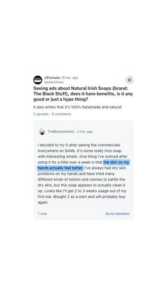 This ad uses a screenshot of a social media post to promote Natural Irish Soaps. The post features a user expressing ske