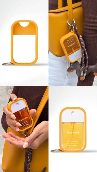 This ad shows different use cases for the Touchland Power Mist hand sanitizer, showcasing its convenience as an accessor