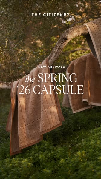 This image ad by The Citizenry showcases new arrivals from the brand's Spring 26 Capsule. Shot outdoors in natural l