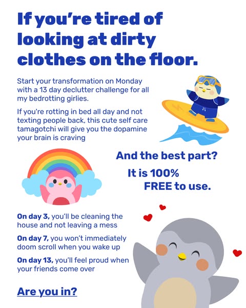 The ad is for people who are tired of having a messy room. It describes a 13-day declutter challenge that will help clea
