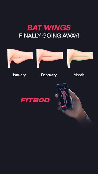 This image ad demonstrates how the Fitbod app can reduce the appearance of 'bat wings' (loose skin on the upper 