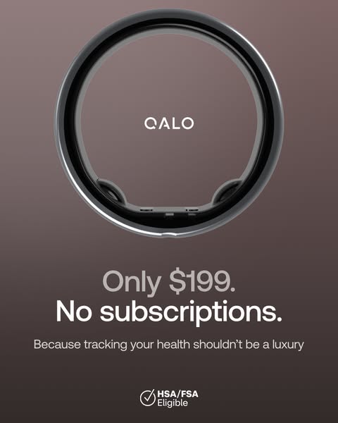 This image ad showcases a QALO smart ring, emphasizing its affordability and lack of subscription fees. It targets healt
