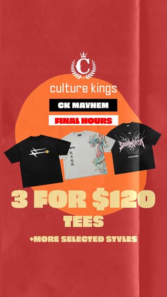 This Meta image ad showcases three t-shirts from Culture Kings, promoting a limited-time offer of 3 shirts for $120, as 