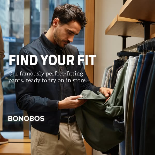 This ad for Bonobos clothing features a man shopping in-store for pants. The ad headline states, "Find Your Fit,&qu