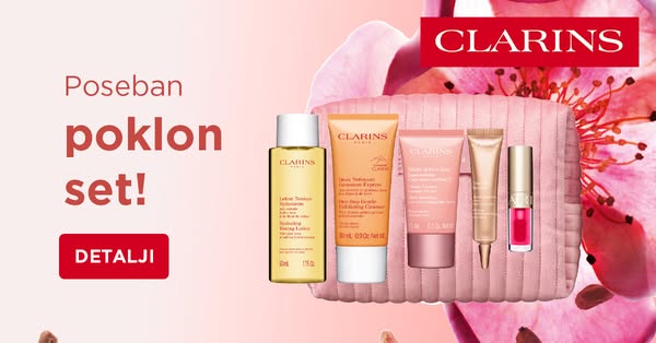 This image ad by Clarins showcases a special gift set. The set includes several skincare and makeup products from the br