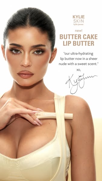 A vertical image ad for Kylie Skin Butter Cake Lip Butter featuring Kylie Jenner.