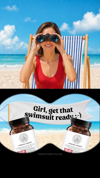 An image ad composed of a split-screen showcasing a woman at the beach who is then "looking" at Happy Mammoth 