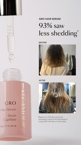 This ad for Vegamour's GRO Hair Serum highlights a study in which 93% of participants saw less shedding. Before and 