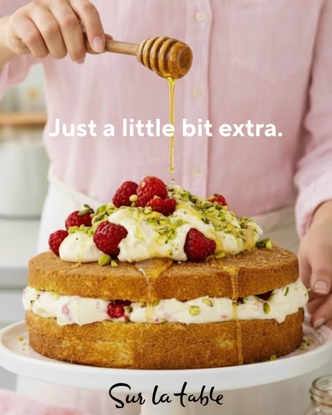 This image ad from Sur la table features a layer cake topped with berries and whipped cream, over which honey is being d