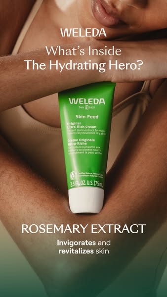 The image is an ad for Weleda Skin Food Original Ultra-Rich Cream. It shows a close-up of a tube of the cream being held