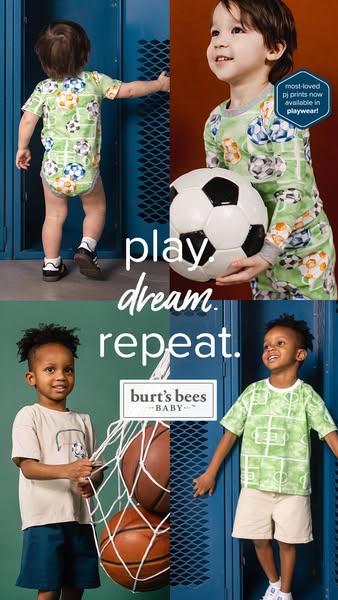 This image ad for Burt's Bees Baby uses a split-panel layout to showcase different children in the brand's socce