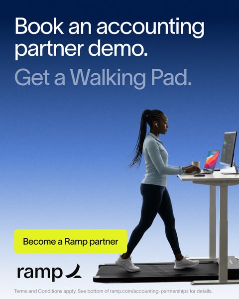 The ad promotes Ramp's accounting partner program, suggesting users book a demo to get a walking pad.