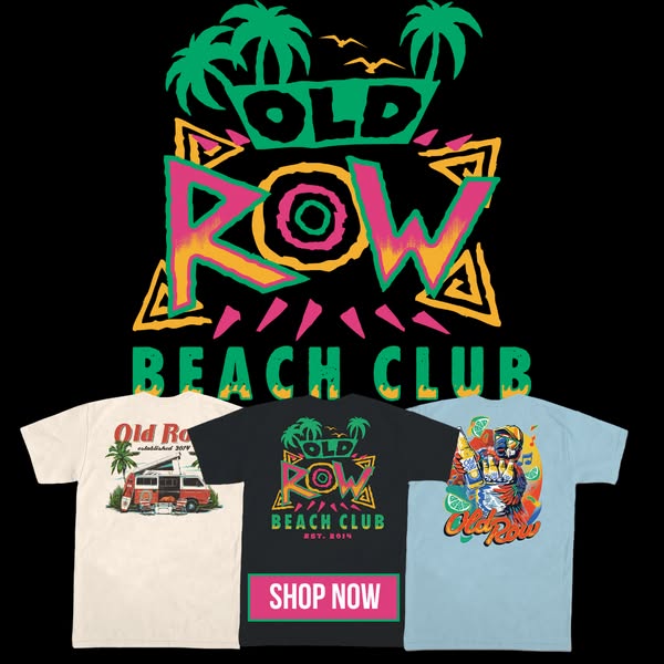 This image ad promotes Old Row Beach Club apparel, featuring a collection of graphic t-shirts. The brand aesthetic is be