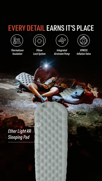 This image ad highlights the features of the Ether Light XR Sleeping Pad by Sea to Summit. It showcases a person camping