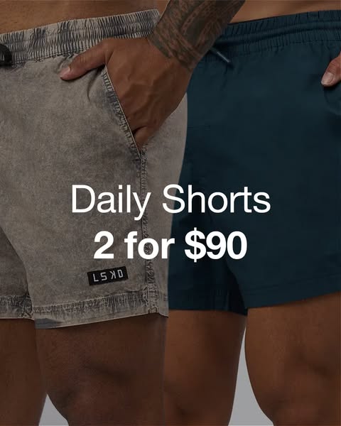 This image ad features two men's shorts with a discount offer.