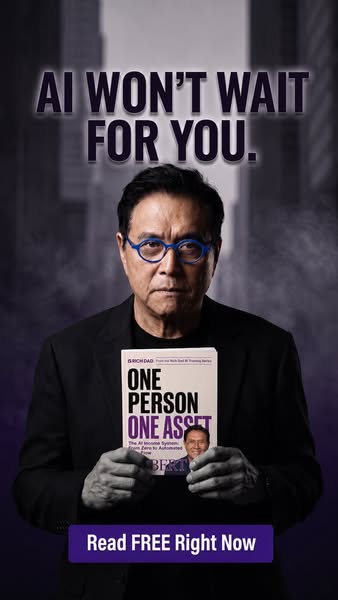 This ad features Robert Kiyosaki holding up his book, One Person One Asset, and tells the viewer that 'AI Won't 