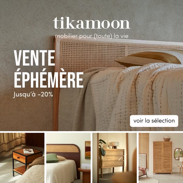 Image ad for Tikamoon, a furniture brand, promoting a limited-time sale with a discount of up to 20%. The ad features a 