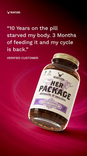 This image ad for Heart & Soil features a customer testimonial about how the product, 'Her Package,' helped 