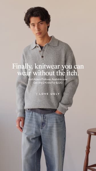 An ad for I Love Ugly knitwear featuring a man wearing a gray pullover and a text overlay promoting its itch-free comfor