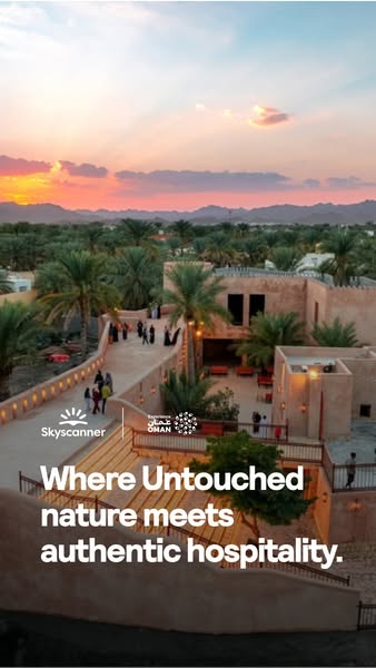 This image ad for Skyscanner promotes travel to Oman, highlighting the untouched nature and authentic hospitality of the