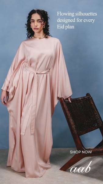 This image ad promotes Aab's clothing line, highlighting the brand's flowing silhouettes designed for Eid plans.