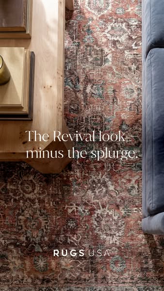 This image ad features a living room setting with a rug from Rugs USA. The ad focuses on promoting an affordable alterna