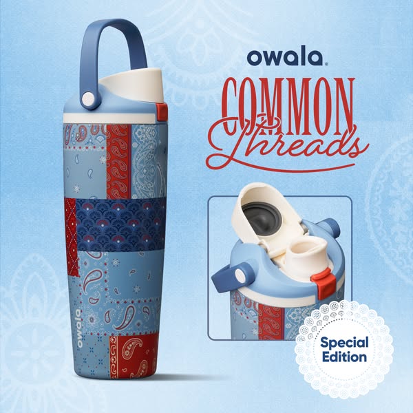 The ad features an Owala water bottle with a special edition Common Threads design. The design is featured on the bottle