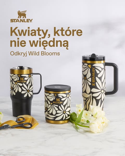 This image ad showcases the Stanley brand's Wild Blooms collection, featuring various insulated drinkware products a