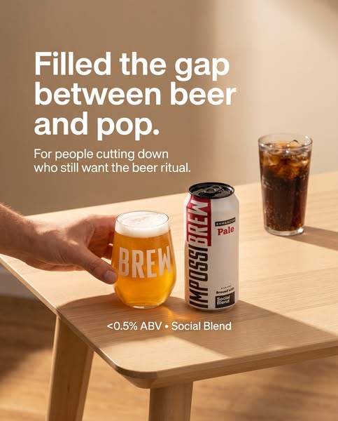 This ad showcases a non-alcoholic beer alternative, emphasizing its ability to replicate the traditional beer ritual for