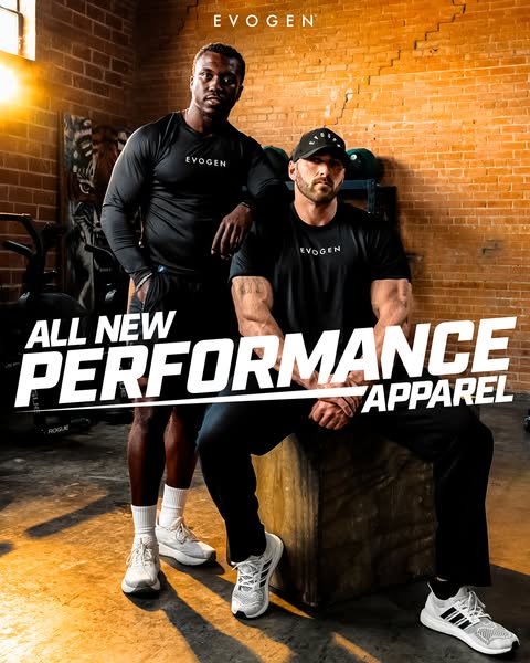 This image ad highlights the new performance apparel from Evogen. Two muscular male models are shown in a gym setting we