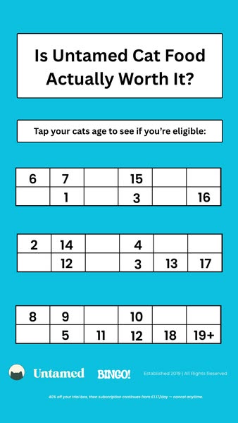 This interactive ad resembles a bingo card with the question: 'Is Untamed Cat Food Actually Worth It?' and allow