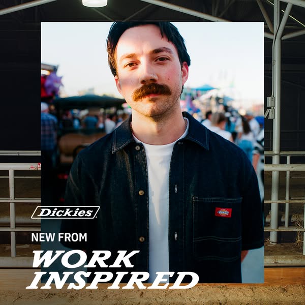 This ad for Dickies features a man wearing a dark wash denim jacket from their new work-inspired line. The ad is set aga