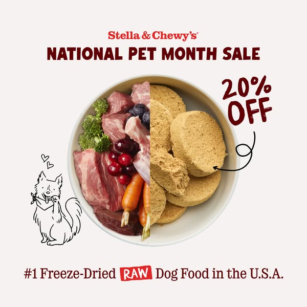 This image ad is for Stella & Chewy's, promoting their freeze-dried raw dog food with a 20% off sale during Nati
