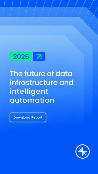 The ad promotes a downloadable report that highlights the future of data infrastructure and intelligent automation. The 