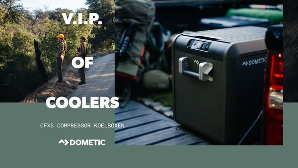 The ad shows a split-screen image of hunters walking down a rural road next to a close-up of a portable cooler. The cool