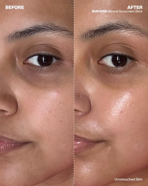 This image ad features a before-and-after split-screen demonstration of a mineral sunscreen stick's effect on skin t