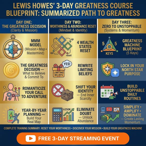 This image ad outlines the Lewis Howes' 3-Day Greatness Course as a blueprint for achieving 'greatness'. It 