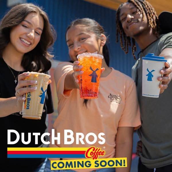 This ad for Dutch Bros. features three young adults holding up different drinks from the coffee chain. The ad is announc