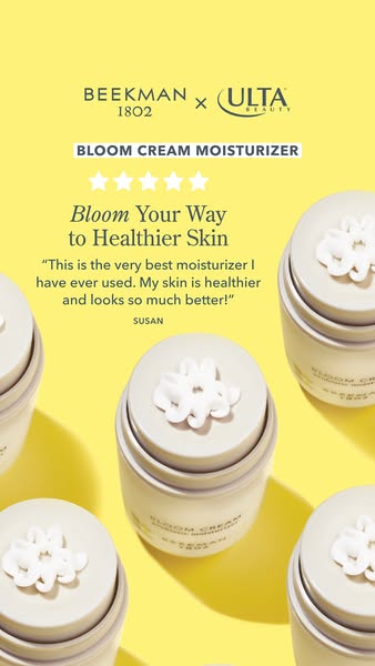 This image ad features the Bloom Cream Moisturizer by Beekman 1802 available at Ulta Beauty. It uses a customer quote an