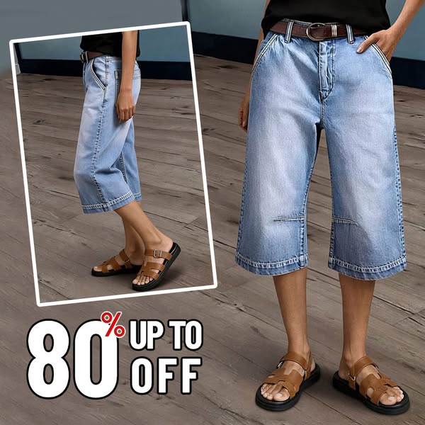 This ad features a person wearing denim capri pants and leather sandals. Text overlay offers up to 80% off.